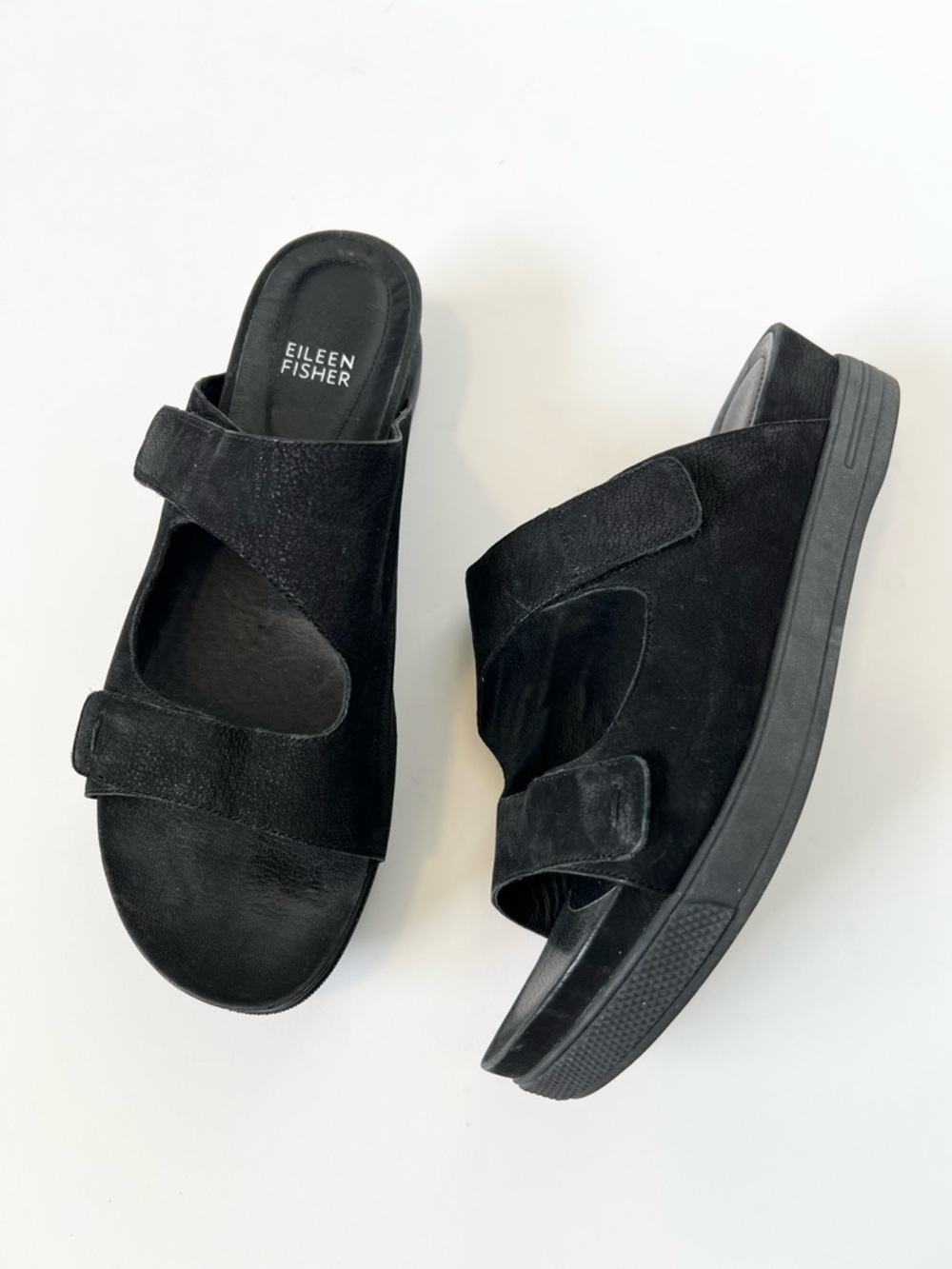 Eileen Fisher black leather platform slip on sandals Size 9 Minimalist Summer